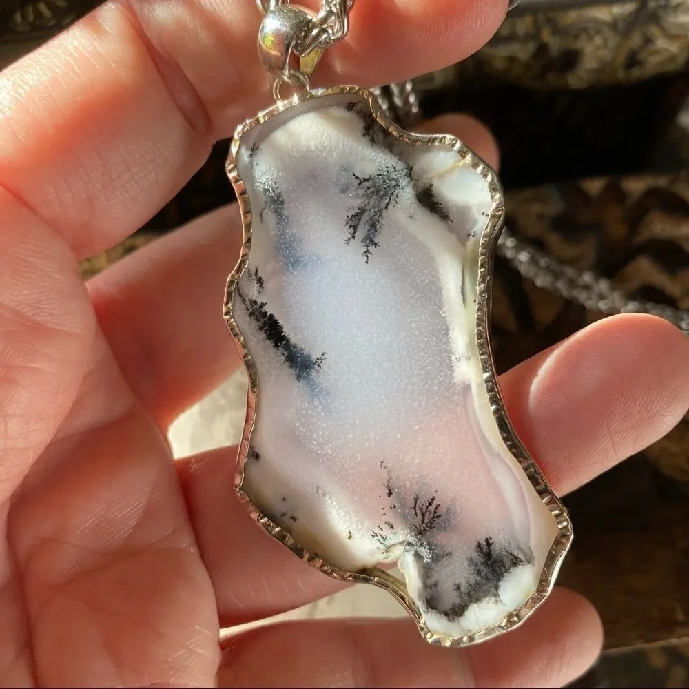 Large Merlinite Dendritic Opal Slice Sterling Silver Pendant Necklace